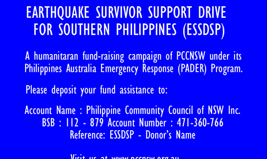 Earthquake Survivor Support Drive for Southern Philippines Launched Under PCCNSW’s PADER Program